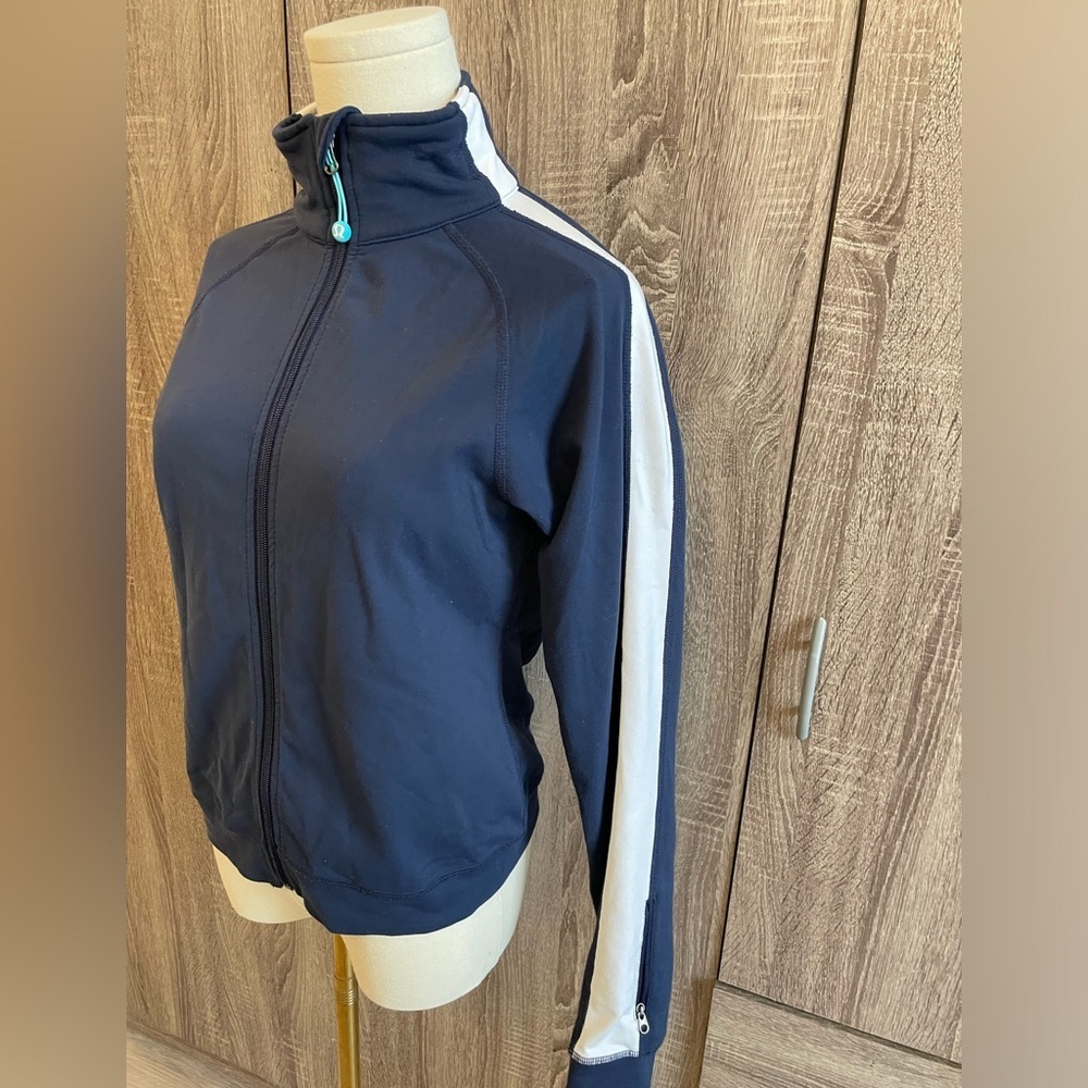 LULULEMON Retro Navy Blue Zip up Light Jacket with White Striped Sleeves.